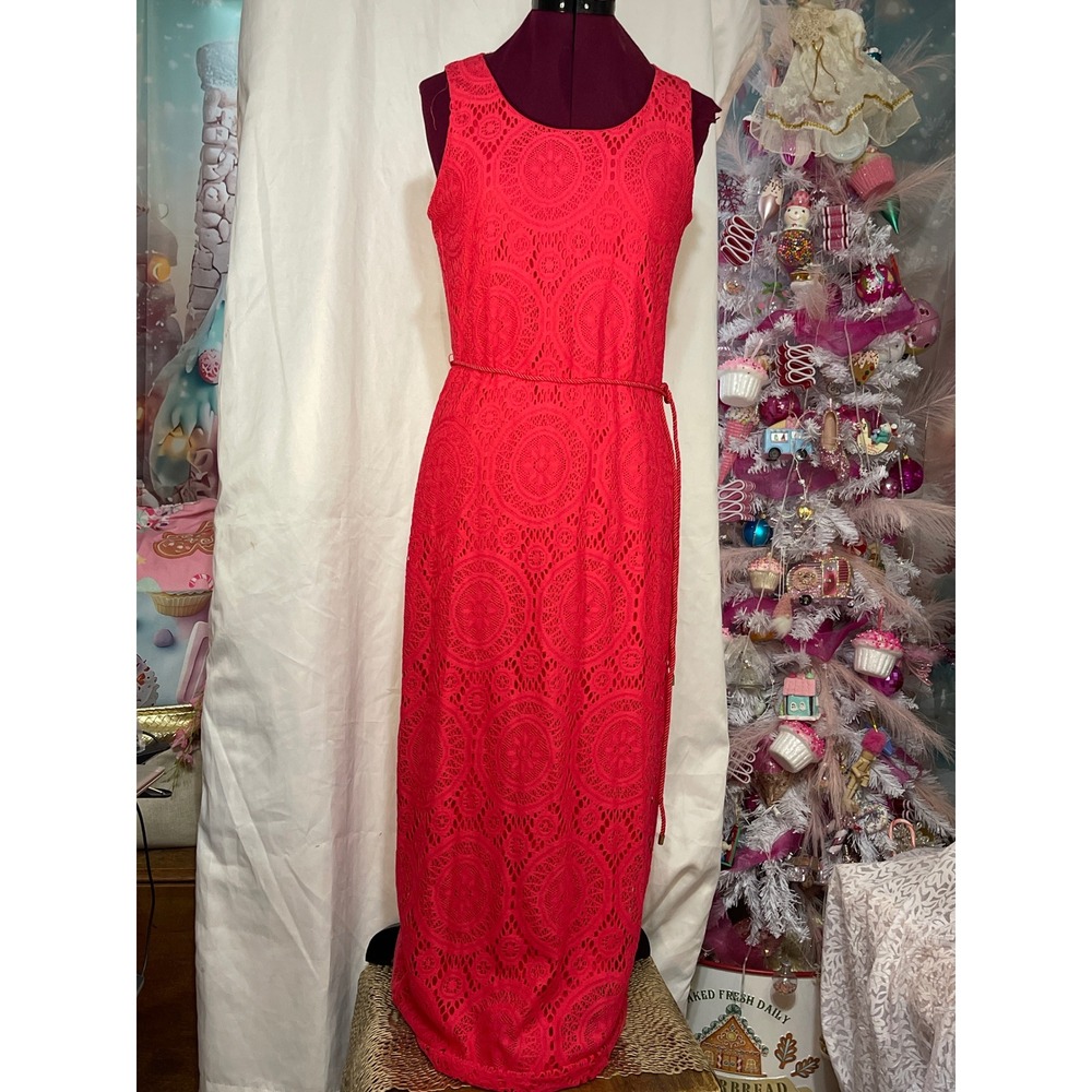 Tacera Lace Maxi Dress Women PM Red Good Medallion Crochet Rope Belt 5072P-0277